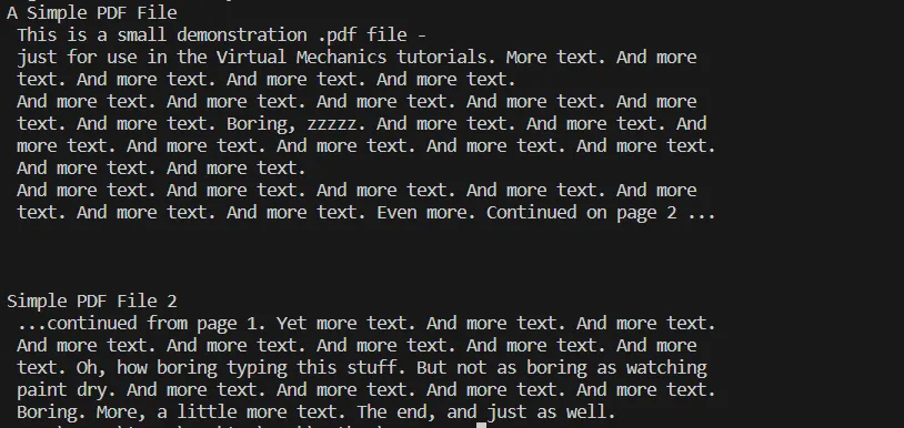 Console output of the above process of extracting text from PDF file.