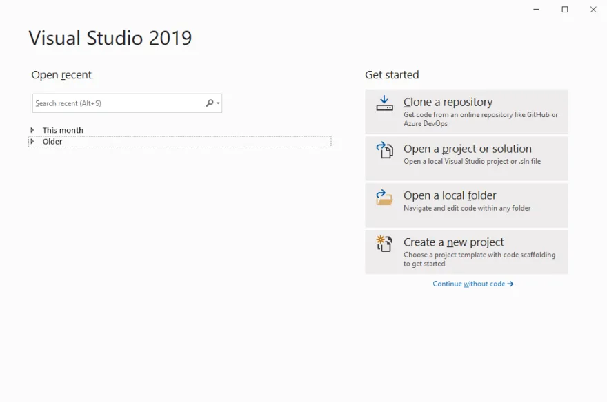 5 steps to Generate a PDF File in C# using IronPDF, Figure 1: Main Window of Visual Studio 2019
