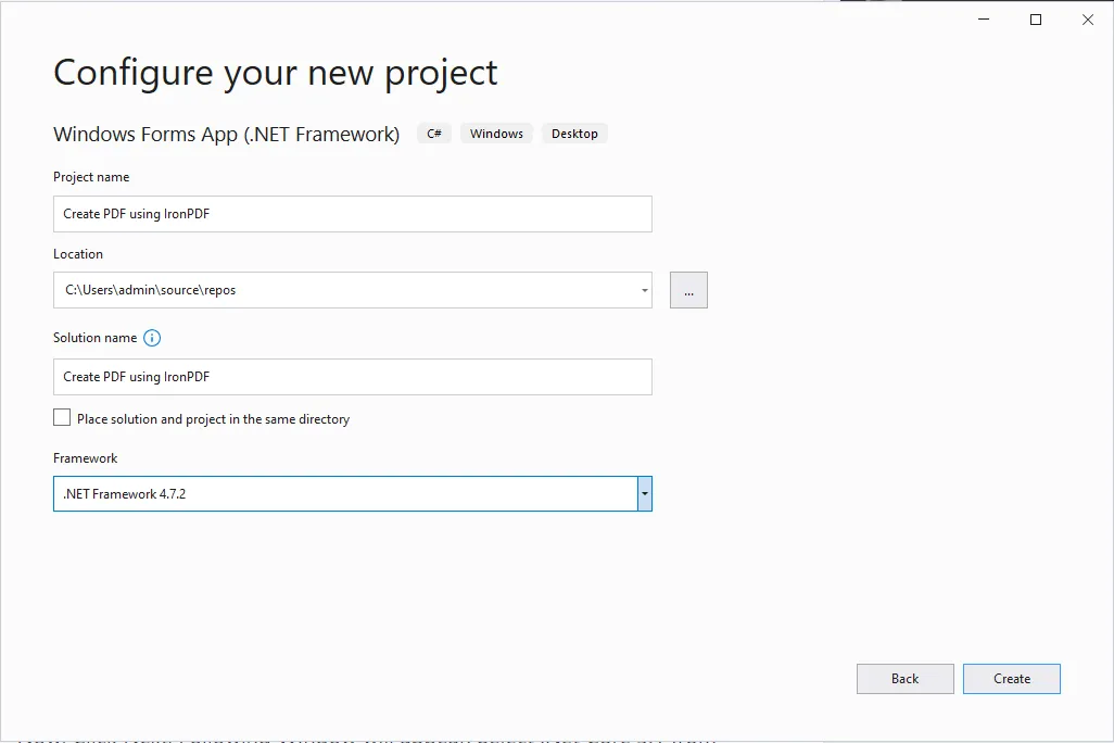 5 steps to Generate a PDF File in C# using IronPDF, Figure 3: Set Name of the Project