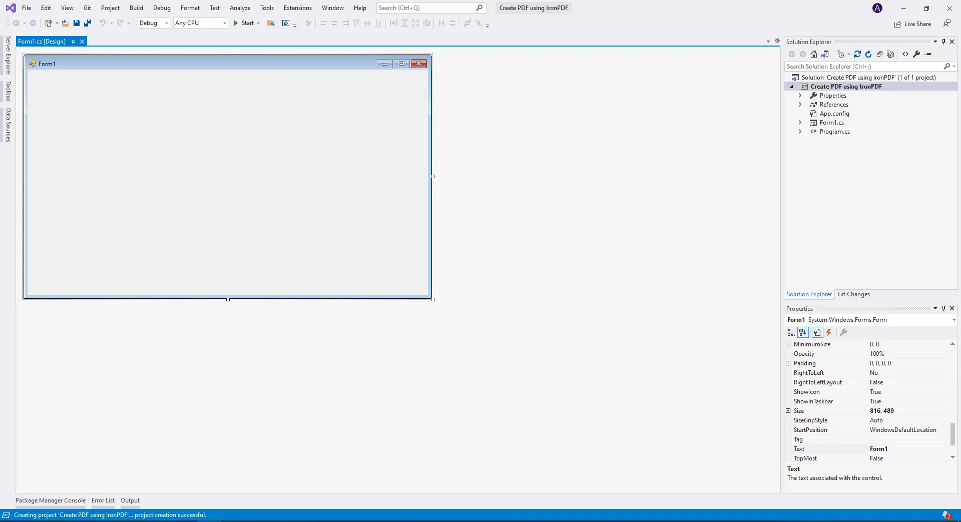 5 steps to Generate a PDF File in C# using IronPDF, Figure 4: First window after creating a new project