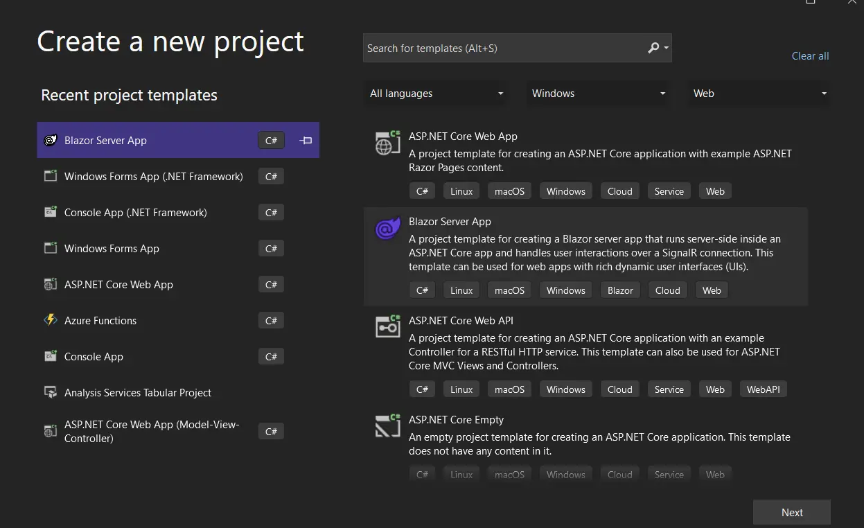 Create a PDF File with Blazor Tutorial, Figure 1: Creating a New Project in Visual Studio