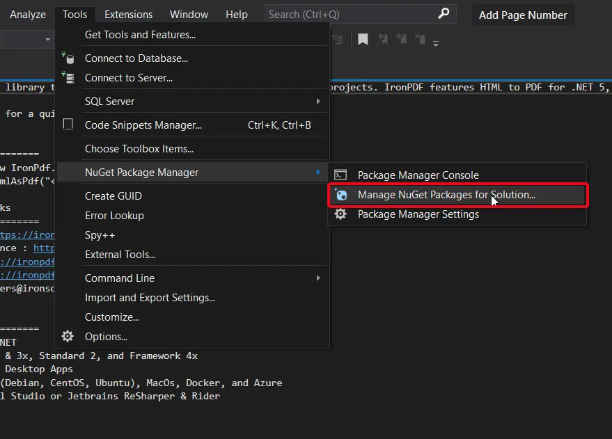 C# Convert PDF to Text (Code Example), Figure 0: Navigate to the NuGet Package Manager