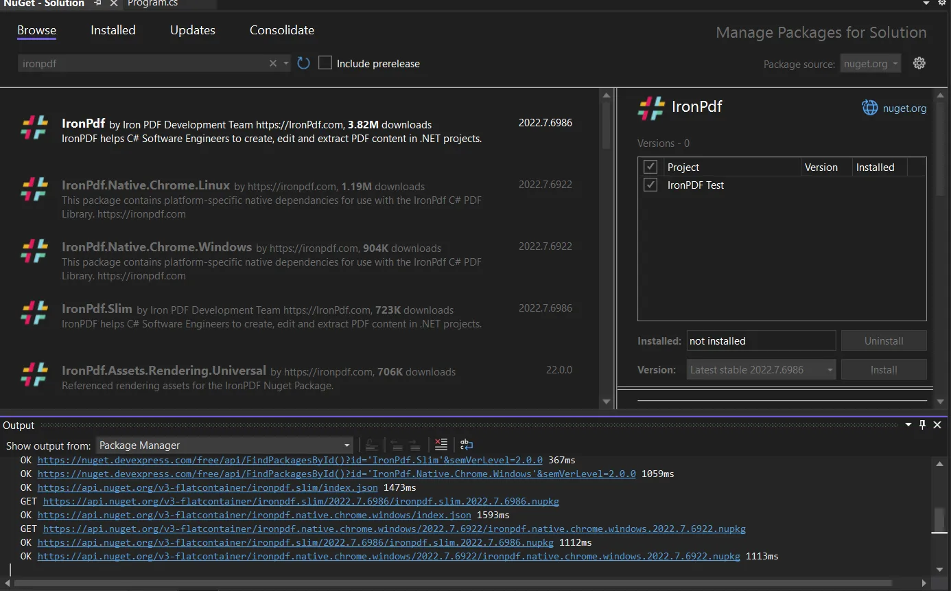 C# Convert PDF to Text (Code Example), Figure 1: IronPdf package from the search result of the NuGet Package Manager