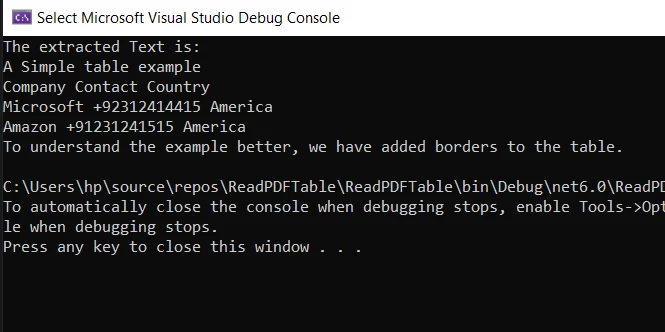 How to Read PDF Table in C#, Figure 9: The Console displays extracted texts