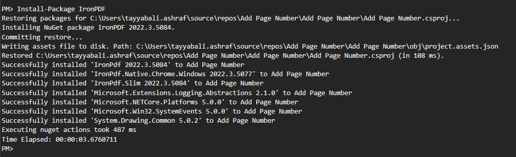 How to Add Page Numbers in PDF using C#, Figure 5: The progress of installing the IronPdf package in the Package Manager Console tab