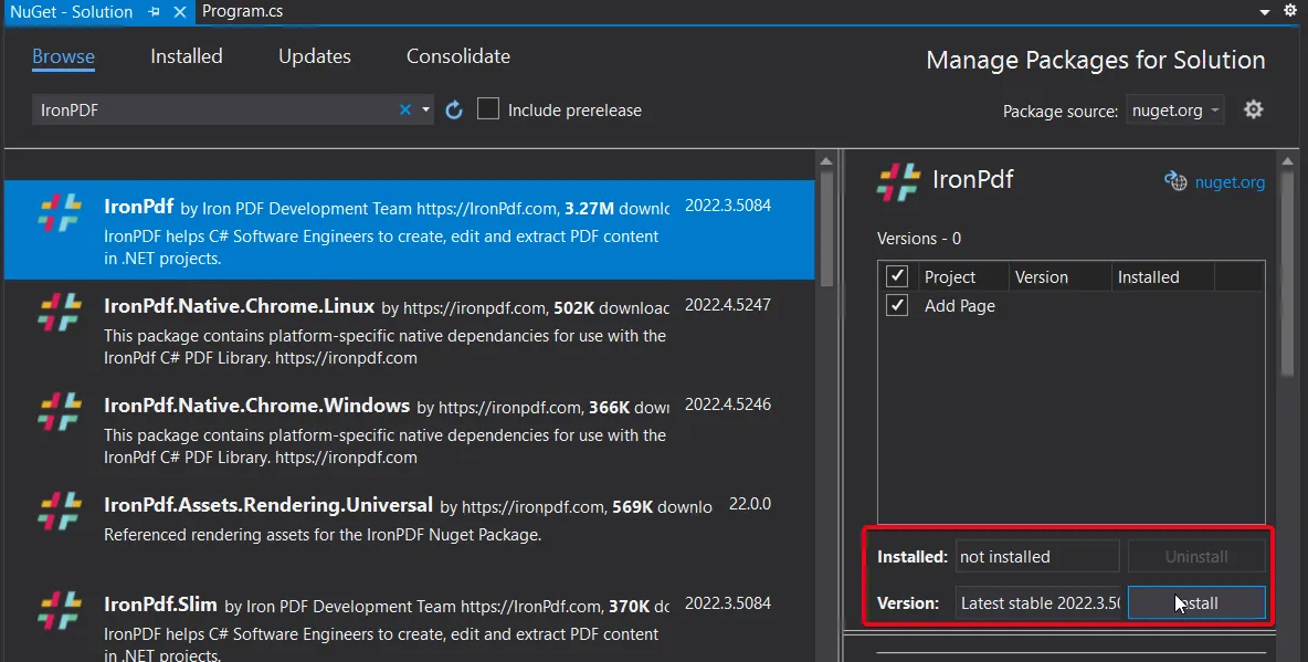 How to Add Page Numbers in PDF using C#, Figure 7: Install the IronPdf package using NuGet Package Manager