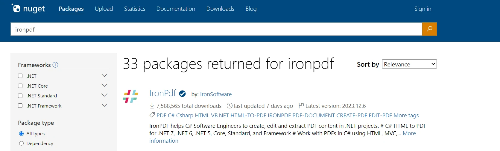 A Comparison of Between Jsreport and IronPDF: Figure 8 - IronPDF Package