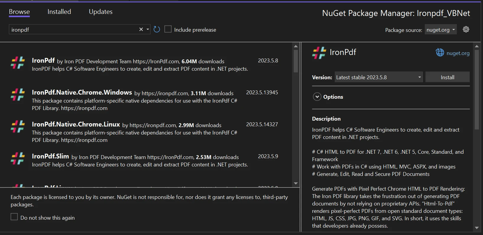 How to Merge PDF Files in VB.NET, Figure 4: Search for IronPDF in NuGet Package Manager UI