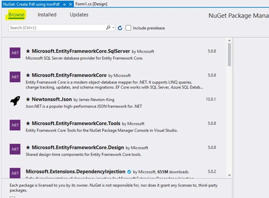 How to Build a .NET PDF editor application using IronPDF, Figure 7: Browse for the IronPDF package in NuGet Package Manager UI