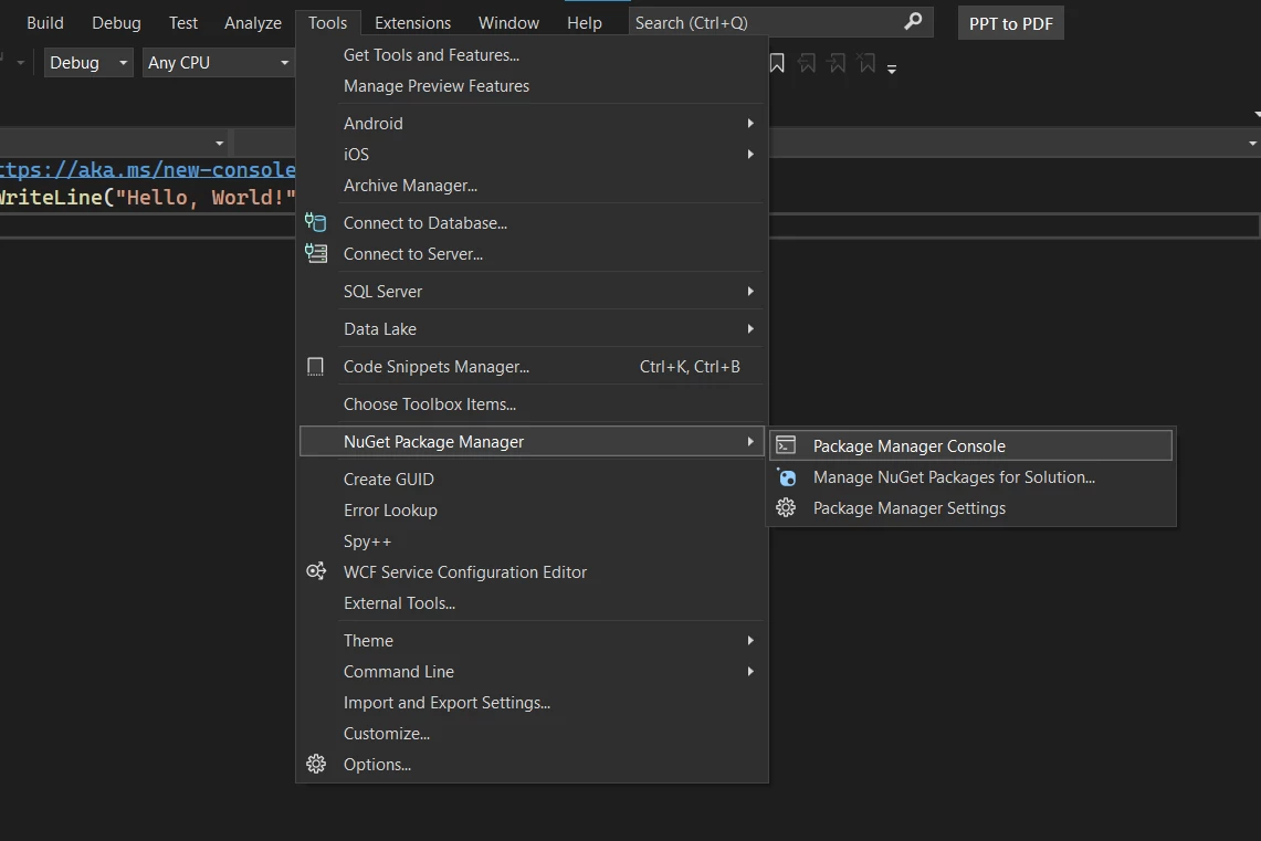 Convert PPT (PowerPoint) to PDF in C# (Example Tutorial), Figure 2: NuGet Package Manager is shown in Visual Studio