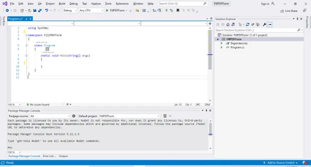 Programmatically Fill PDF Forms in C# (Coding Tutorial), Figure 1: a newly created Console Application in Visual Studio