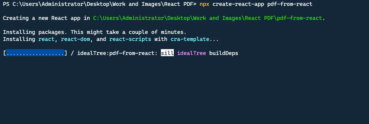 How to Create A PDF File in React: Figure 1 - A screenshot of the terminal showing the above command in progress.