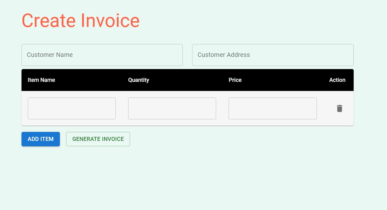 How to Create A PDF File in React - Figure 2: The completed invoice application with the default, unfilled fields.