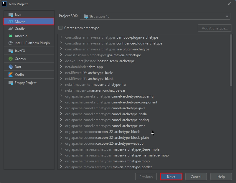 Dialog Nowy Projekt IntelliJ IDEA z wybraną opcją Maven, pokazujący opcje archetypu dla tworzenia projektu Java