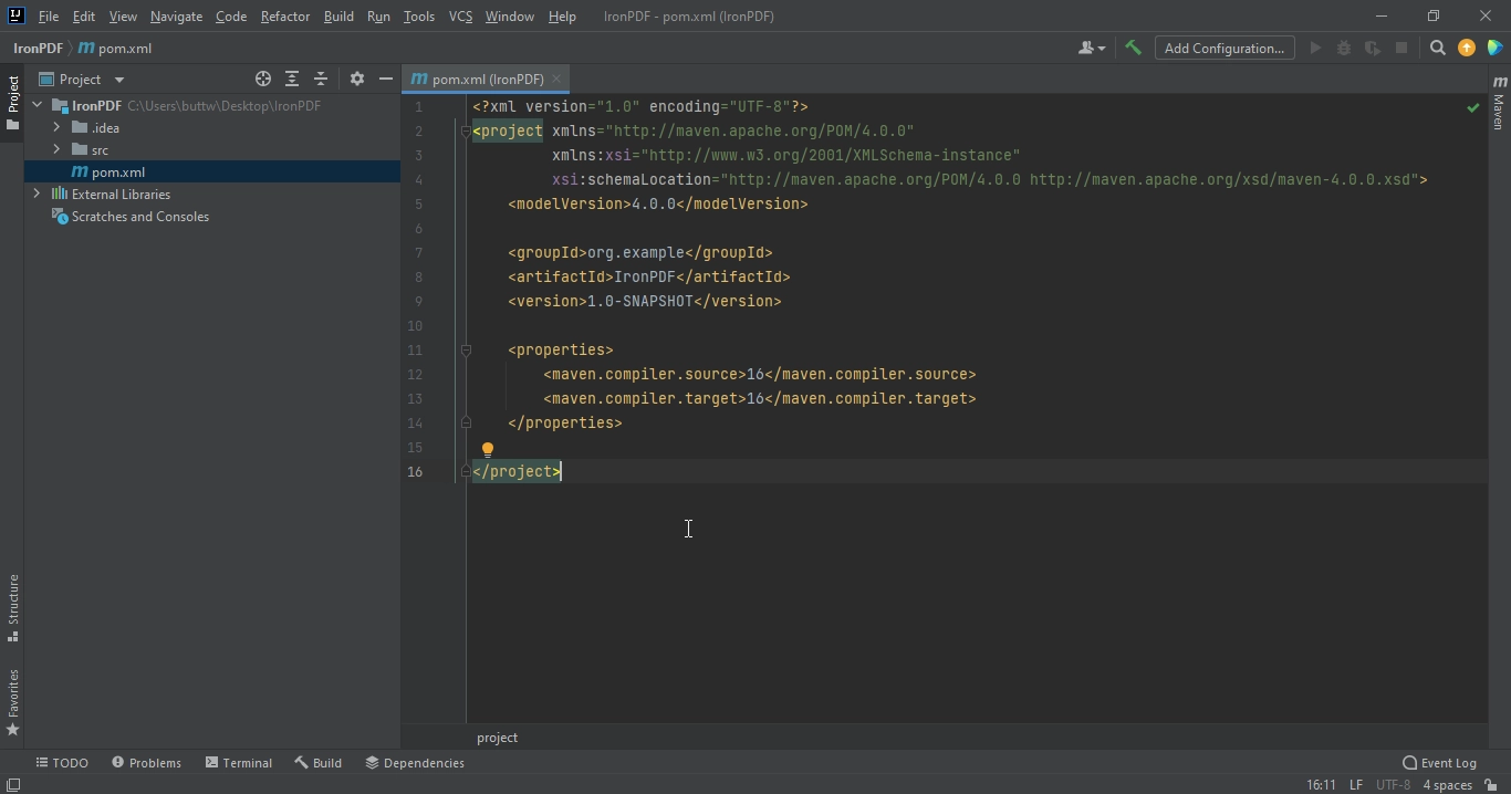IntelliJ IDEA pokazująca Maven pom.xml z konfiguracją projektu IronPDF i ustawieniami kompilatora Java 10