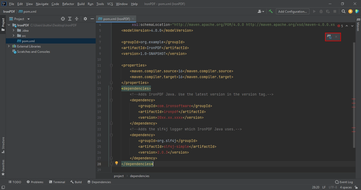 Plik Maven pom.xml pokazujący konfigurację zależności IronPDF dla Java z tagami groupId, artifactId i version