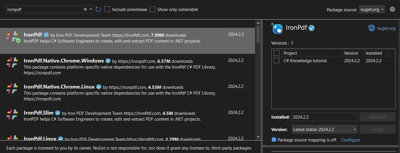 A Comparison Between IronPDF & Apryse C#: Figure 7 - Installing IronPDF through the NuGet package manager