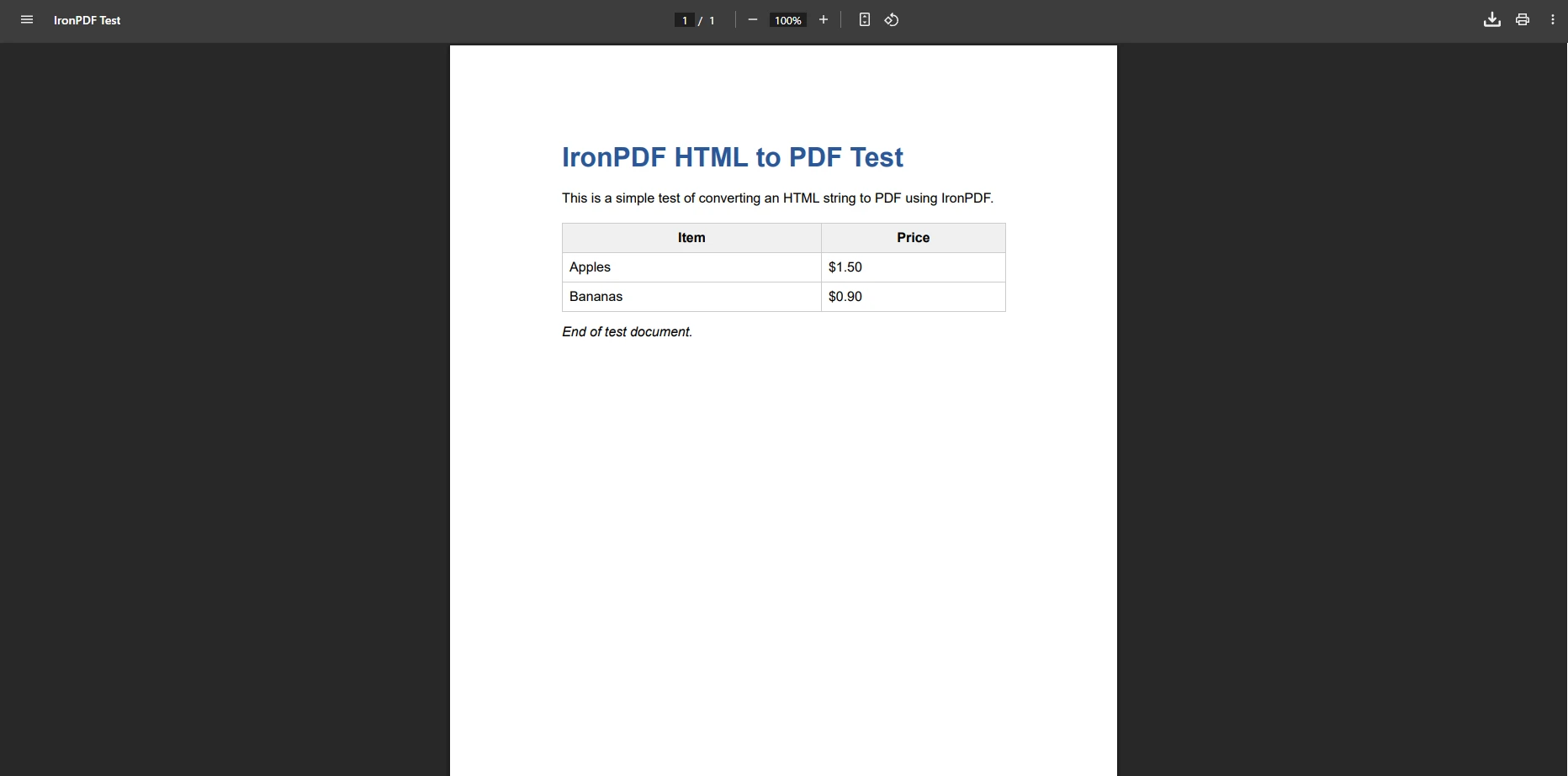 How to ASP.NET Core Convert HTML to PDF: Figure 1 - Simple HTML to PDF output in ASP.NET