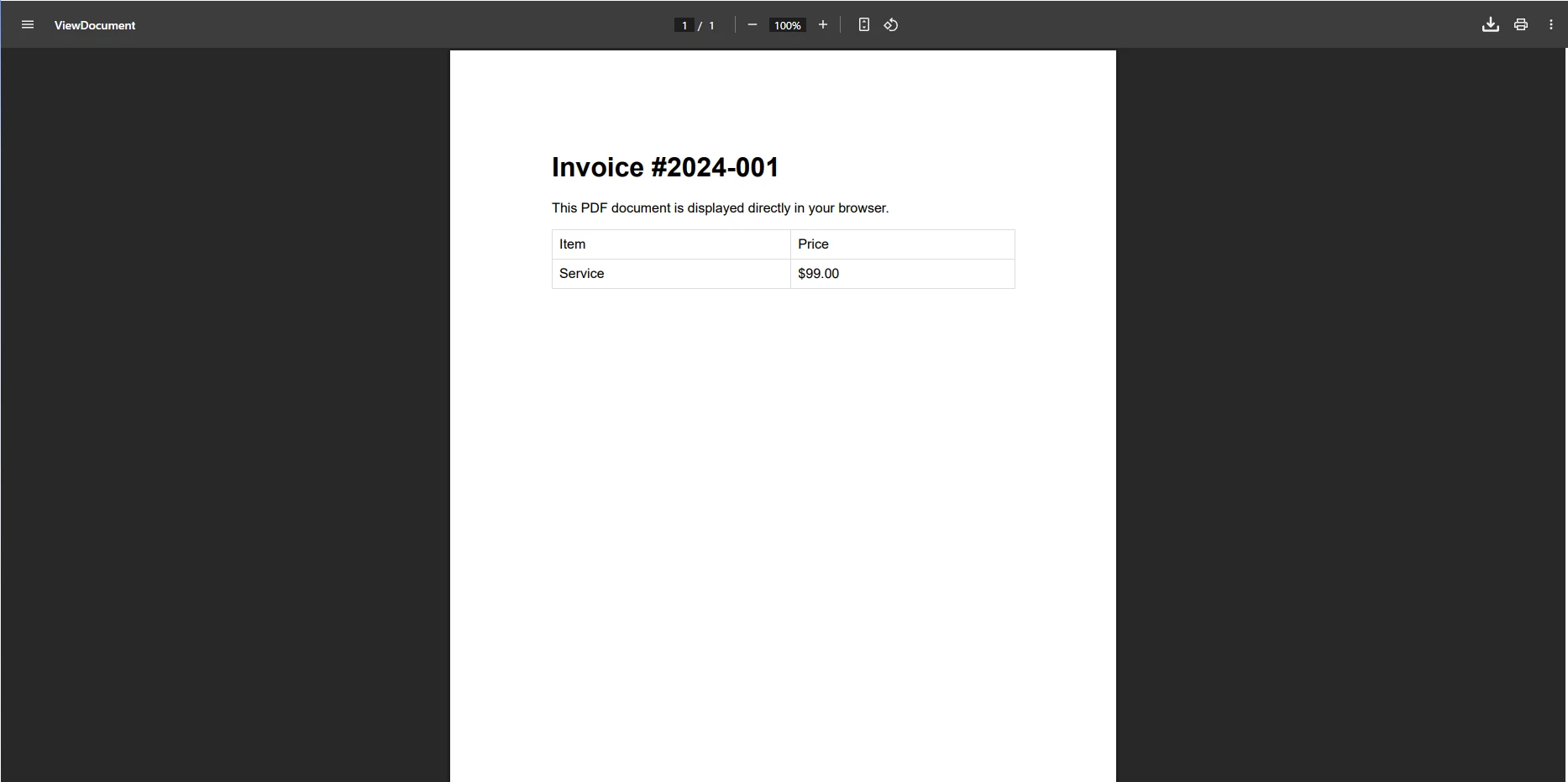 PDF viewer displaying Invoice #2024-001 with a single line item for 'Service' priced at $99.00 in a web browser interface