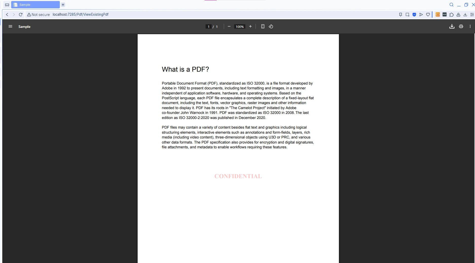 Browser displaying a PDF document about PDF format basics with a pink 'CONFIDENTIAL' watermark at the bottom, viewed through a web-based PDF viewer interface.