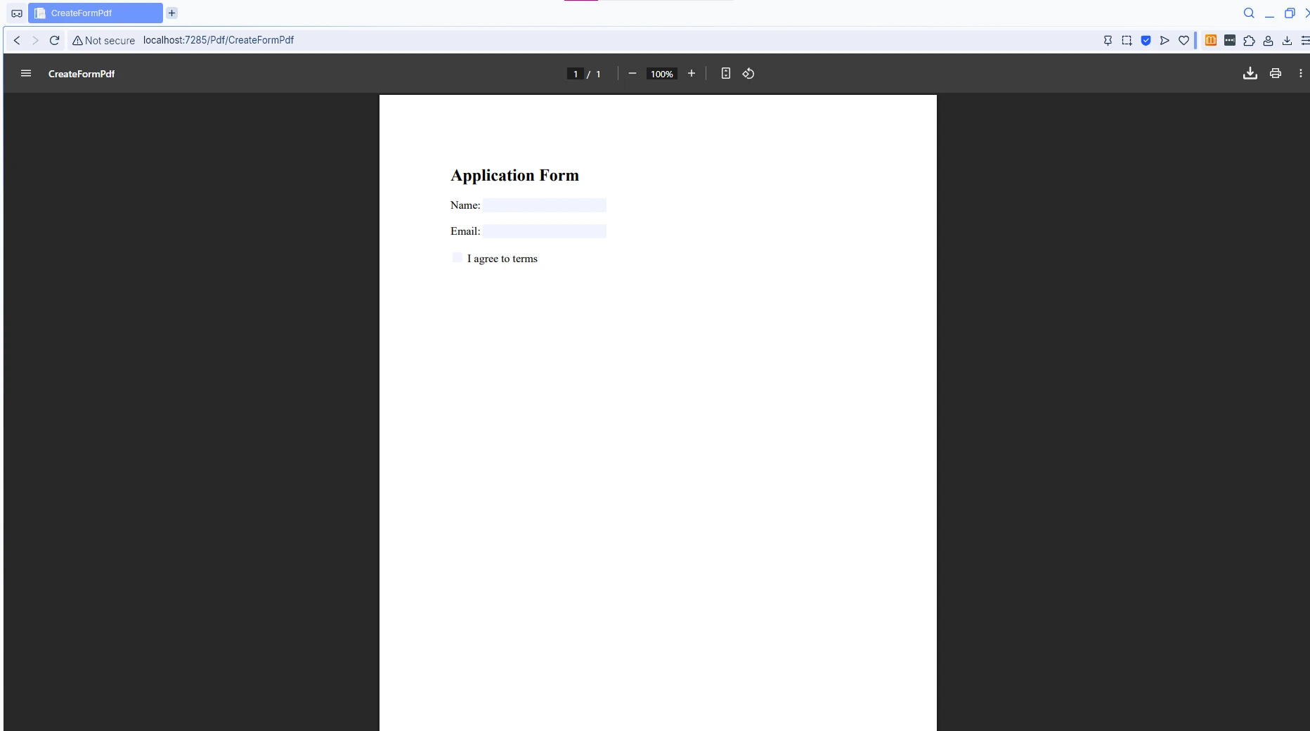 A PDF viewer displaying an Application Form with fields for Name and Email, along with an 'I agree to terms' checkbox, shown in a web browser at localhost:7285/Pdf/CreateFormPdf