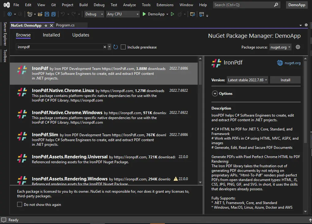 How to Display a PDF File in ASP.NET Core: Figure 5 - NuGet Package Manager - Solution Explorer