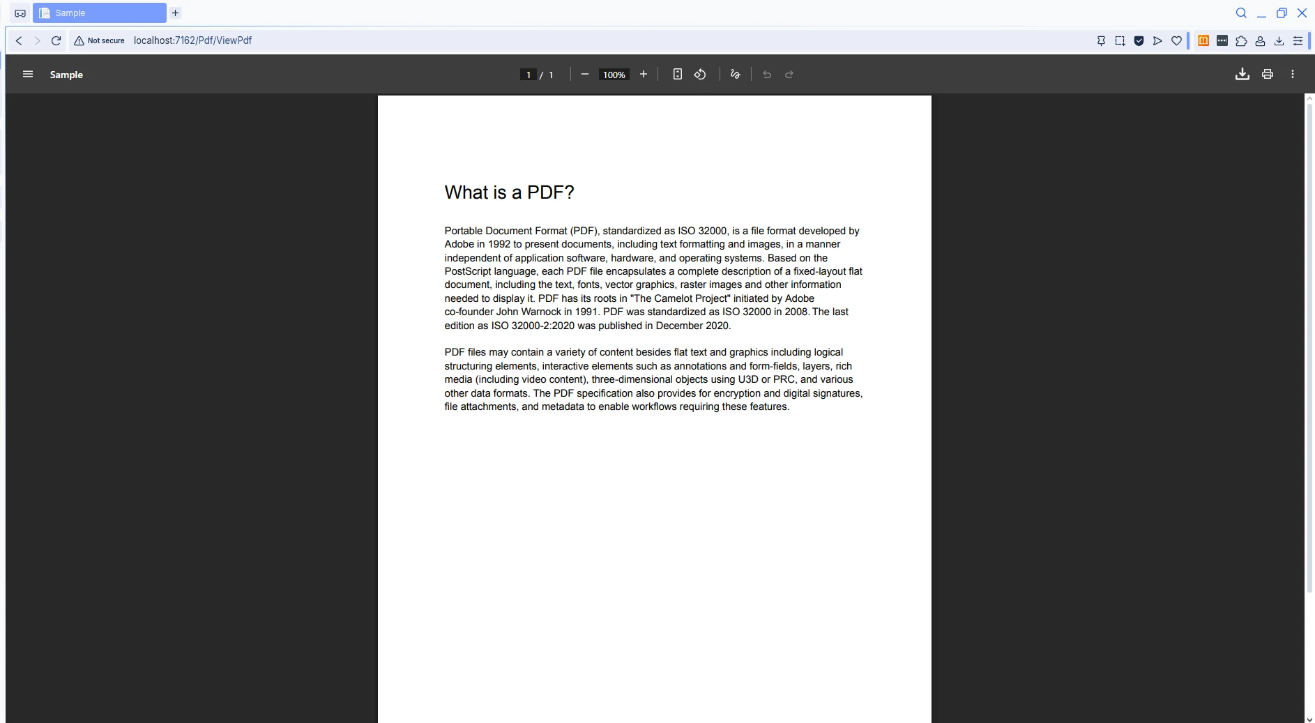 How to Create an ASP.NET Core MVC PdfViewer with IronPDF: Image 1 - Sample PDF displayed in the browser