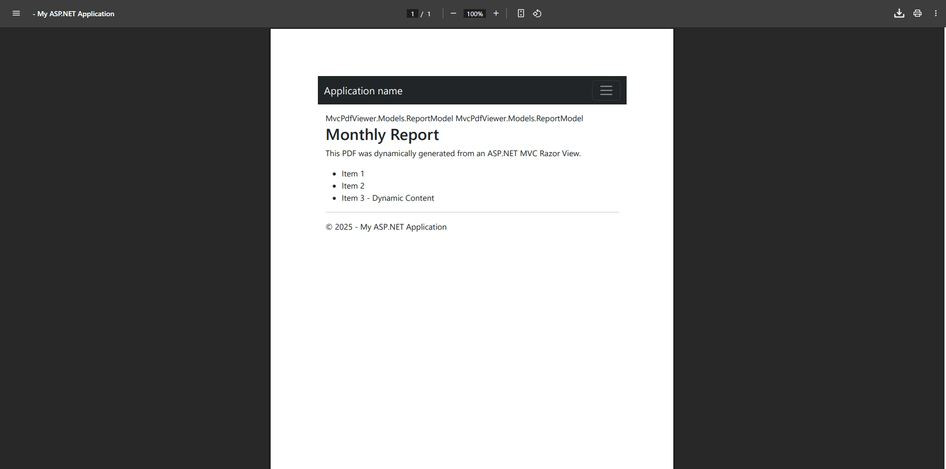 How to Create an ASP.NET MVC PDF Viewer: Figure 2 - View rendered to PDF then displayed in our PDF viewer browser app