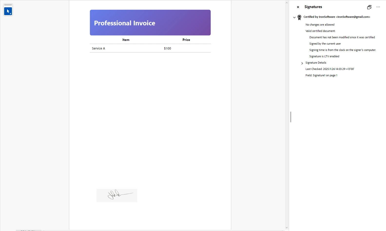 ASP .NET PDF Signatures Guide: Add Digital Signatures to PDFs in .NET Core Projects: Image 2 - Visible signature on PDF