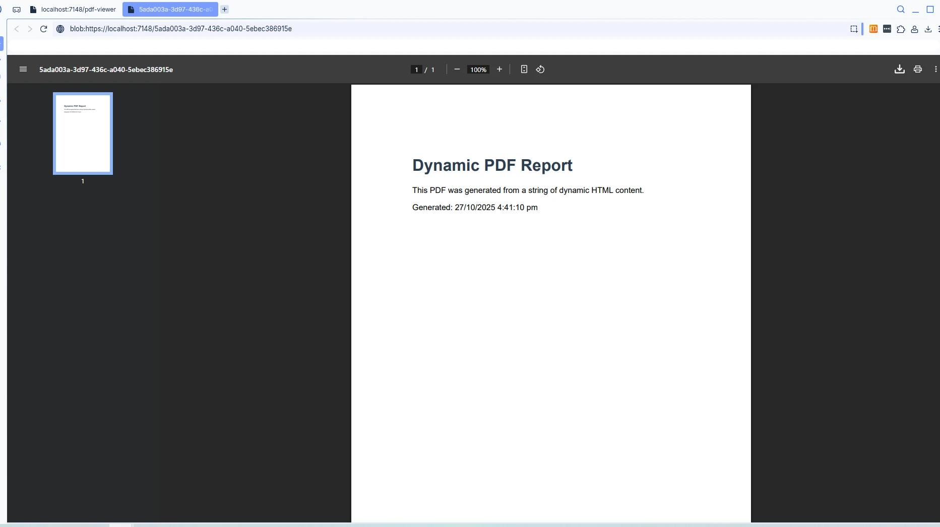 How to Open a PDF in a New Tab in Blazor: Figure 4 - Example dynamic PDF created and then opened in new tab