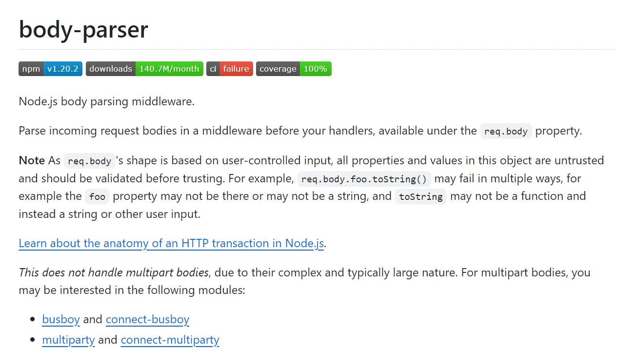 body parser node（對開發者的運作方式）：圖1 - Body-parser 網頁