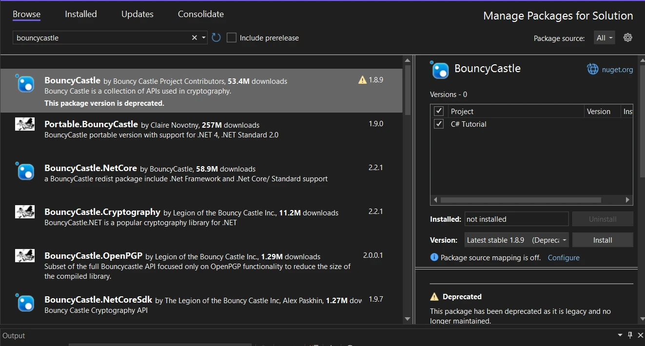 BouncyCastle C# (How It Works For Developer): Figure 1 - Download and install Bouncy Castle using NuGet Package Manager by searching "Bouncycastle" in the search bar of NuGet Package Manager