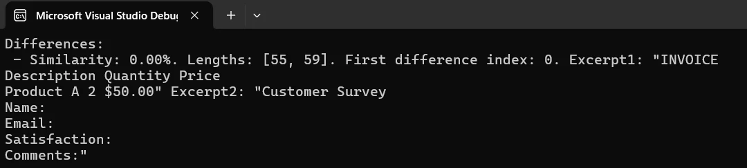 How to Compare Two PDF Files Using C# with IronPDF: Image 7 - Comparer Class Pattern Output