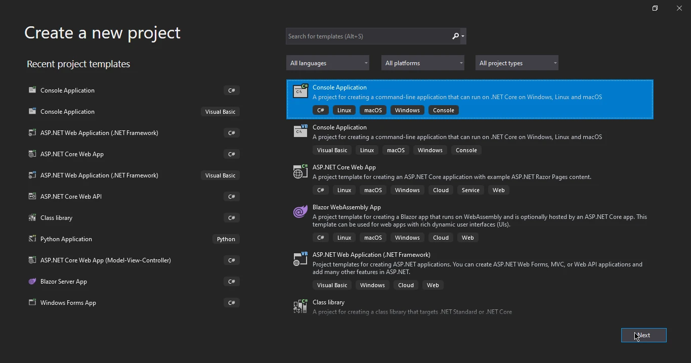 A Comparison Between Compdfkit & IronPDF: Figure 4 - A Comparison Between IronPDF & DinkToPdf: Figure 2 - In the Create a new project dialog, select C# Console Application and click on Next.