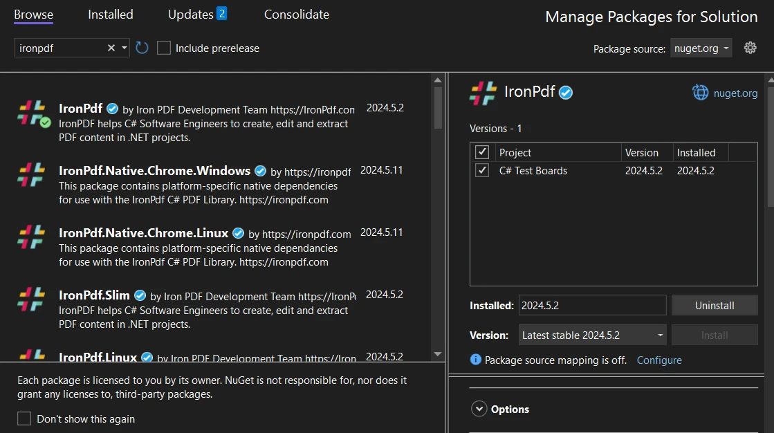 A Comparison Between Compdfkit & IronPDF: Figure 5 - Search for IronPDF using the NuGet Package Manager