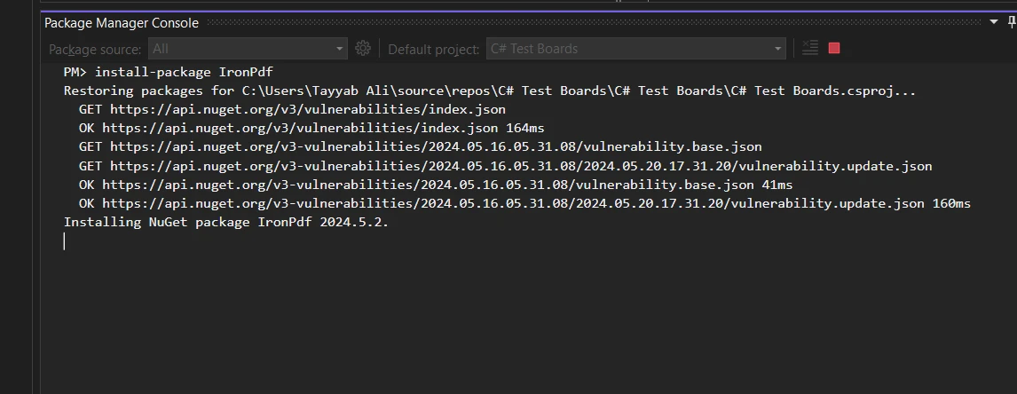 CompdfkitとIronPDFの比較：図6 - コマンドラインを使って上記のコマンドを入力する 