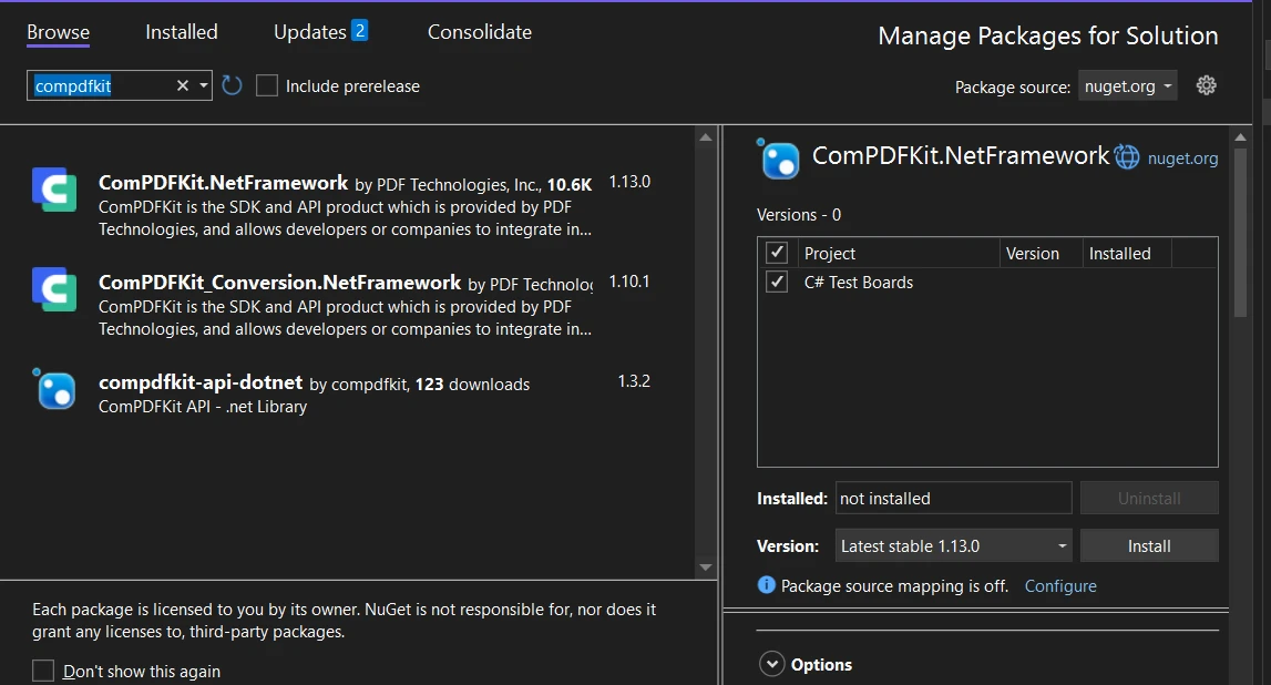 Comparación entre Compdfkit e IronPDF: Figura 7 - Búsqueda de ComPDFKit mediante el gestor de paquetes NuGet