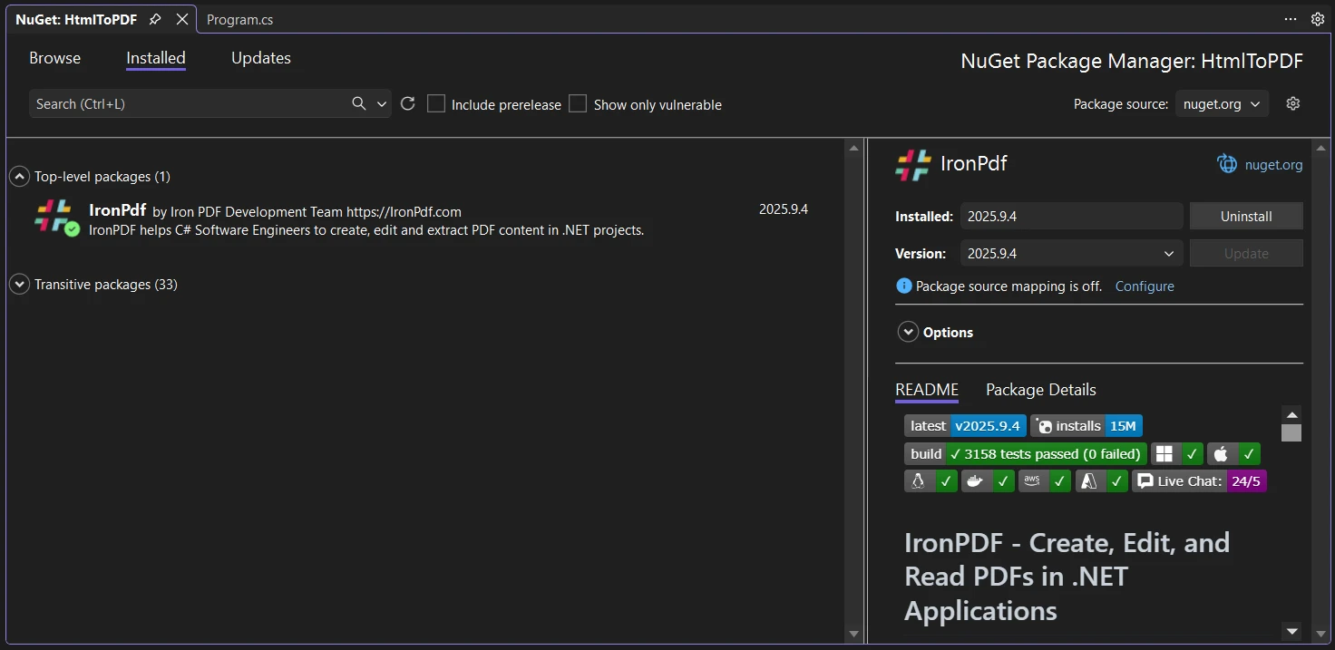 Convert Html To Pdf Csharp Net 10 4 related to 1. Installing IronPDF in a .NET 10 Project