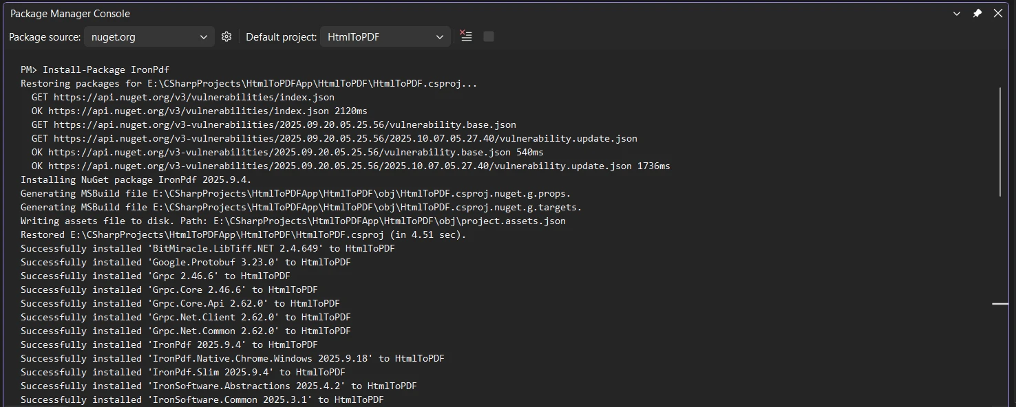 Convert Html To Pdf Csharp Net 10 5 related to 1. Installing IronPDF in a .NET 10 Project