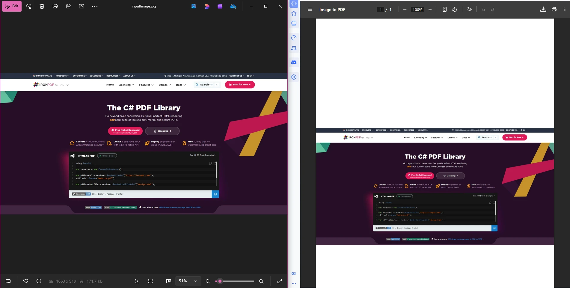 Convert JPEG to PDF .NET: The Complete C# Developer Guide: Image 2 - Input image compared to the output PDF generated from the image