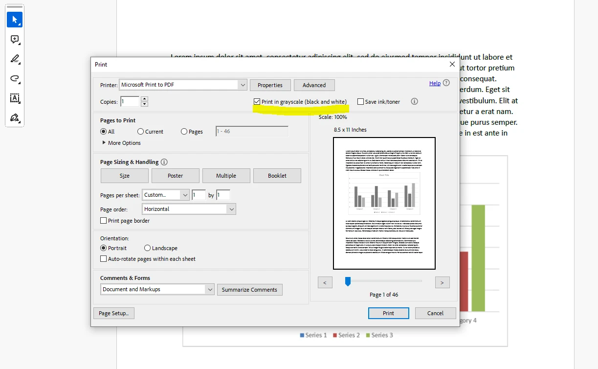 How to Convert Color PDFs to Grayscale: Figure 6 - Where to find the 'Print in Grayscale' checkbox