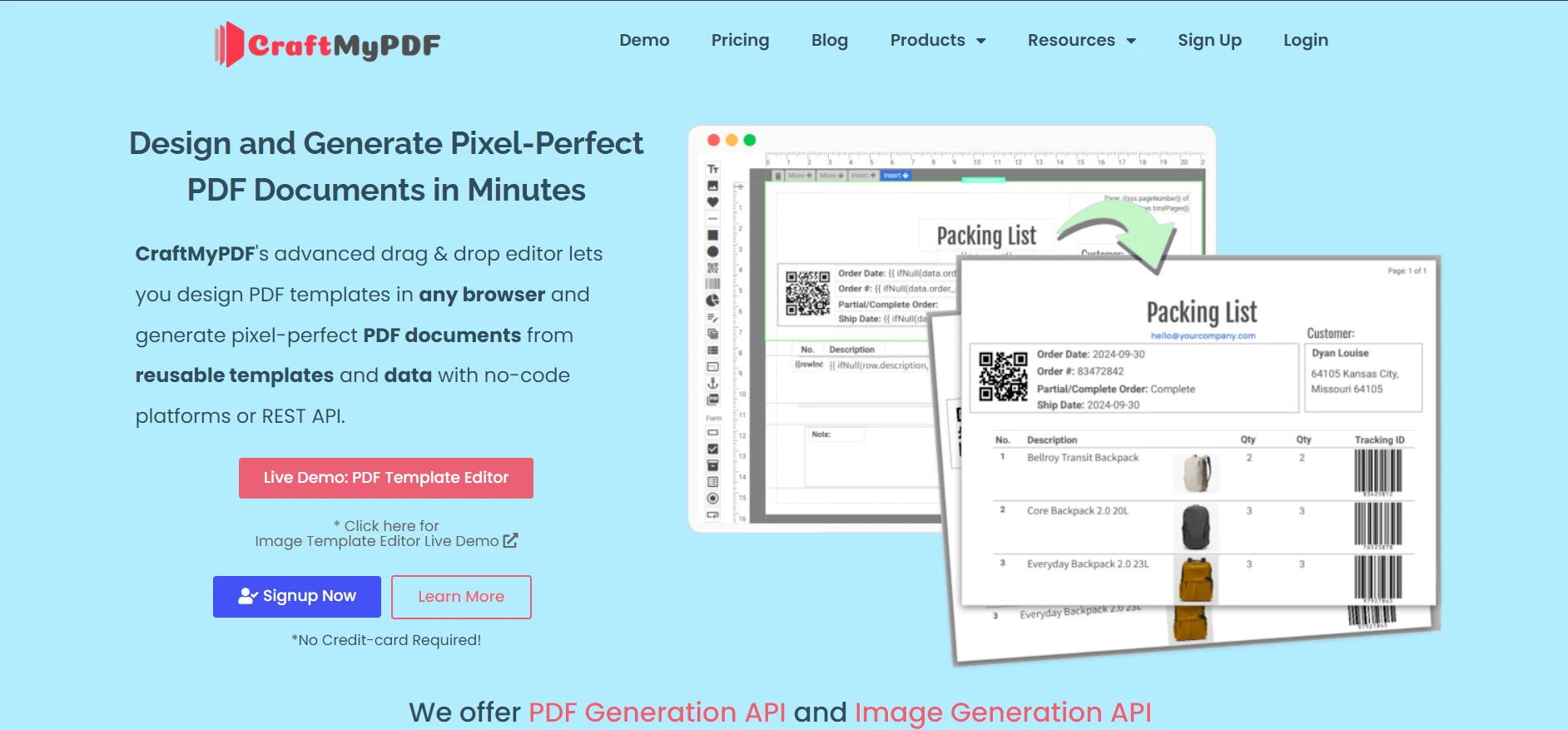 CraftMyPDFとIronPDFの比較：図 1 - CraftMyPDF API ベースソリューションホームページ