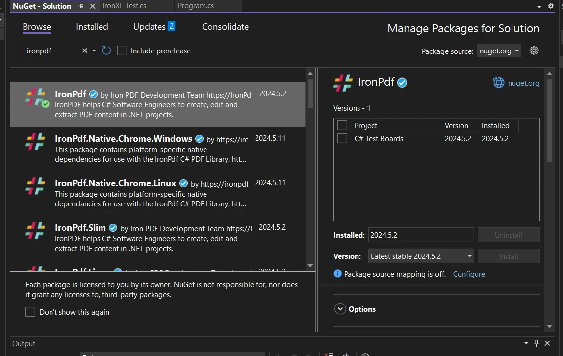 A Comparison Between CraftMyPDF & IronPDF: Figure 2 - Search for IronPDF via NuGet Package Manager