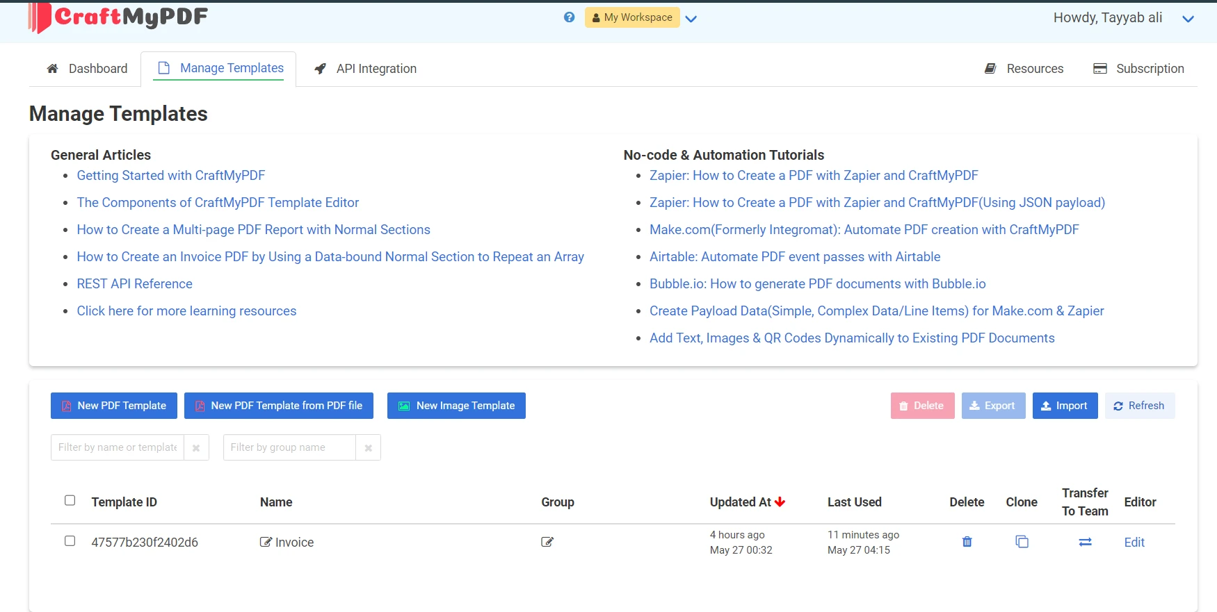 A Comparison Between CraftMyPDF & IronPDF: Figure 6 - CraftMyPDF dashboard