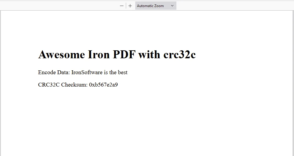 crc32c Python (開発者向けの仕組み)：図3-CRC32Cチェックサムデータを含むPython用IronPDFライブラリを使ってプログラムで生成された出力PDF。