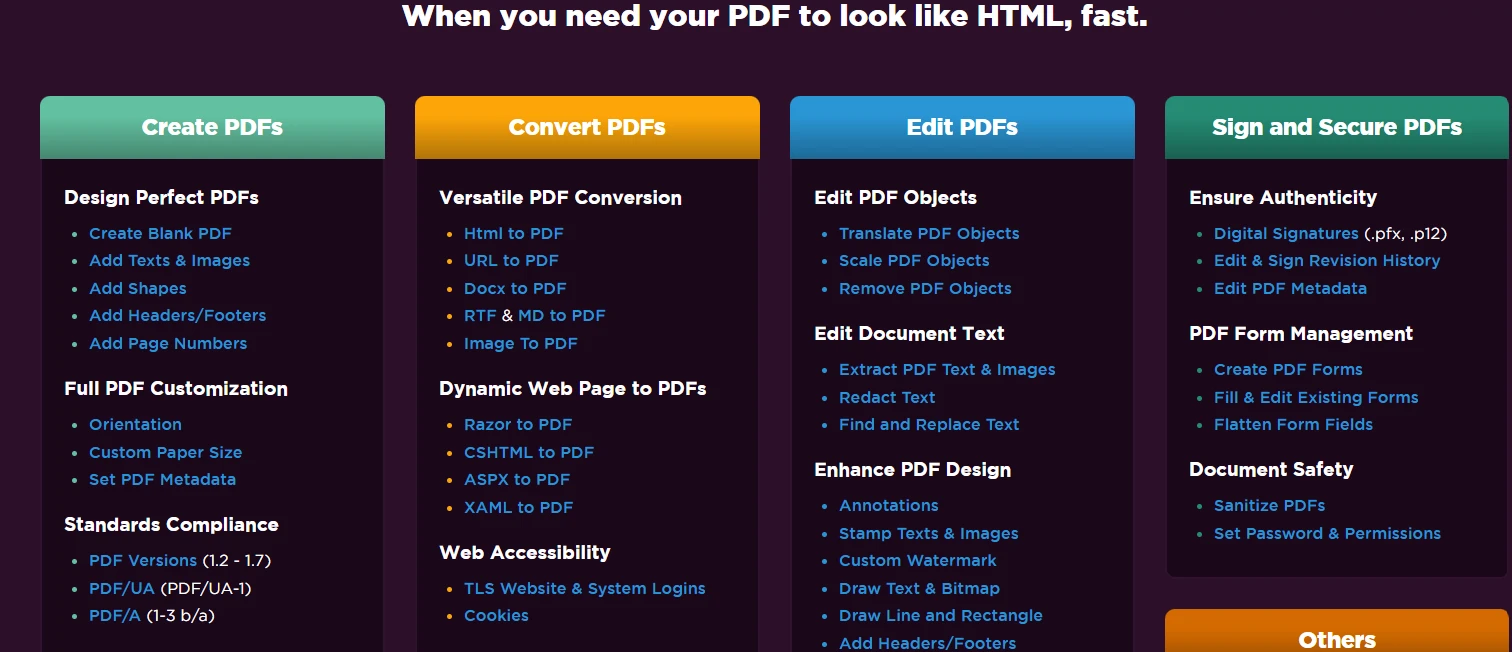 How to Create a PDF with Aspose C# VS IronPDF: Figure 10 - Features