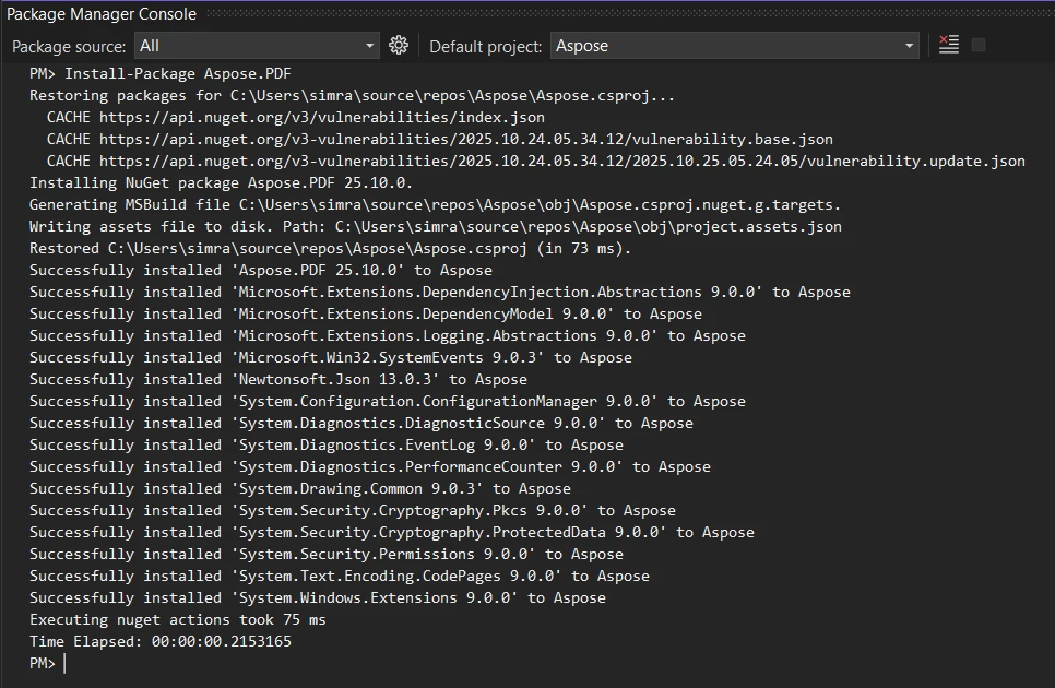 How to Create a PDF with Aspose C# VS IronPDF: Figure 3 - Aspose.PDF Installation