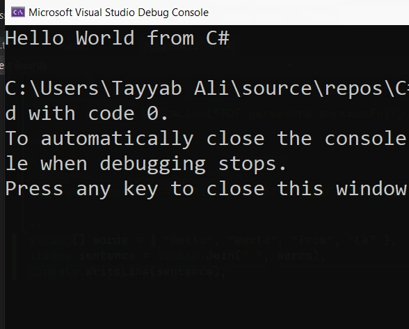 C# Concatenate Strings (How It Works For Developers): Figure 3 - Console output using the String.Join method: "Hello World from C#"