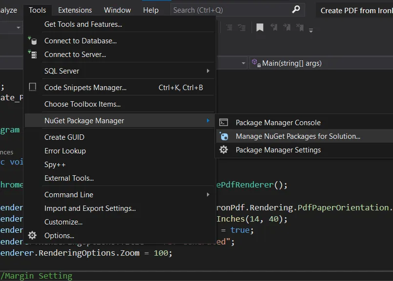 C# Create PDF File Programmatically, Figure 1: Open NuGet Package Manager