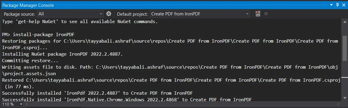 C# Create PDF File Programmatically, Figure 3: Install IronPdf package via Commandline
